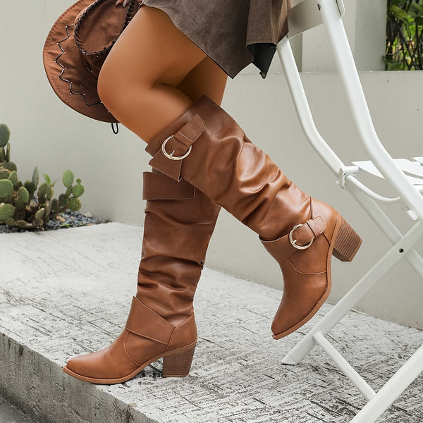 DAMEN WADENHOHE SLIP-ON WESTERN-STIEFEL MIT BLOCKABSATZ UND RUNDEM ZEH