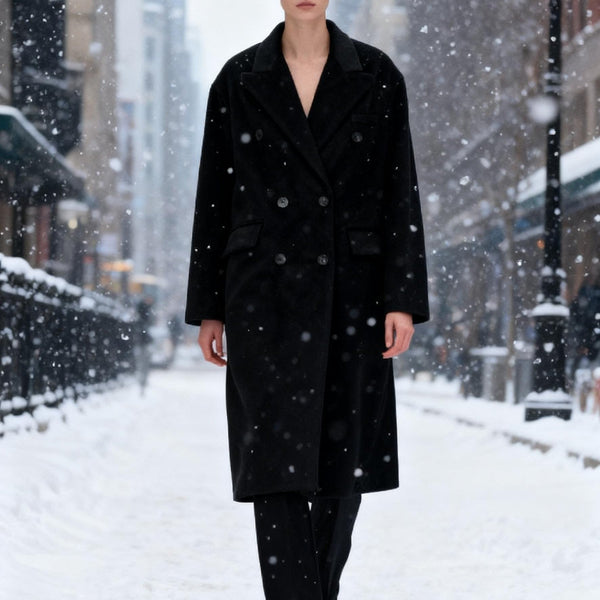 Eleganter schwarzer Doppelreiher | langer Damenmantel mit Reverskragen