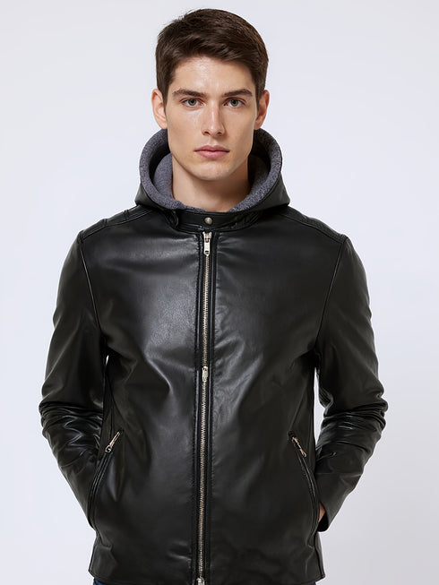Raukor Herren Lederjacke mit Kapuze – matt schwarz Motorradstyle