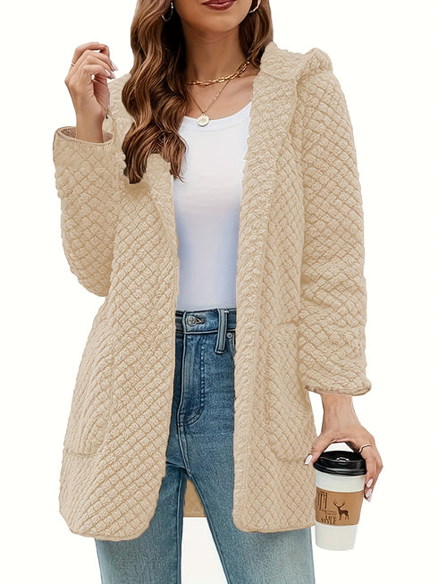 Frauen Plüschjacke Pullover mit Kapuze – Warmer Fleece-Cardigan mit Taschen