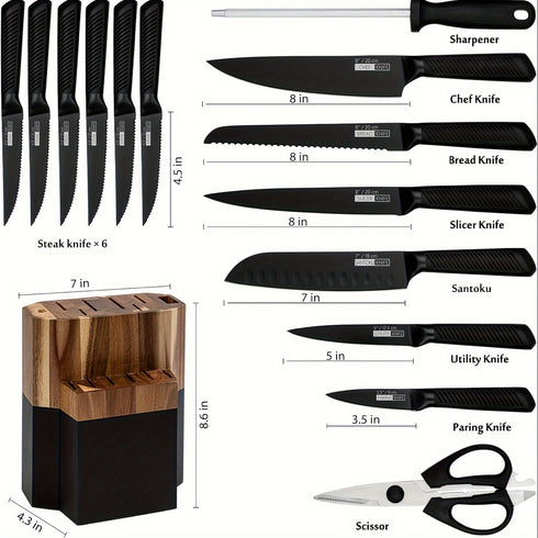 Kage 15-teiliges Edelstahl-Messerset mit Kohlenstoffanteil | Holzblock | Shiraki