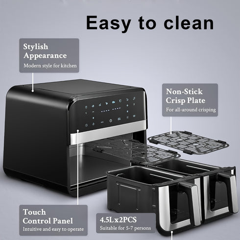 ThermoKorb 9L Dual-Zonen Heißluftfritteuse – 8 Programme, LED-Timer, Antihaftbeschichtung, Sichtfenster