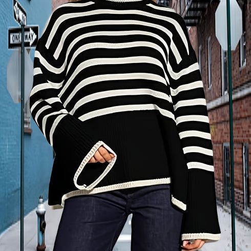 Übergroßer Damen Rollkragenpullover mit Streifen Pullover