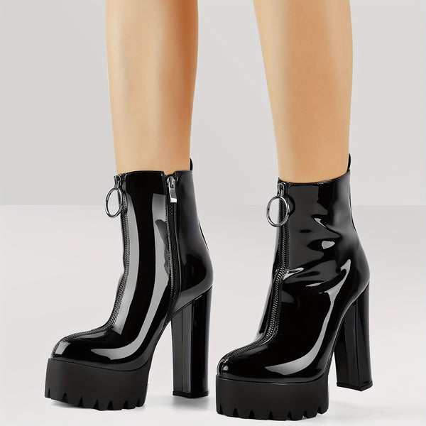 Hoch taillierte Plateaustiefel für Damen aus Kunstleder | Stiefeletten mit Blockabsatz