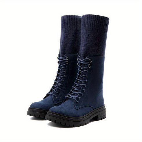 Damen Vintage-inspirierte Mid-Calf Plateau-Stiefel mit Schnürdesign und Blockabsatz