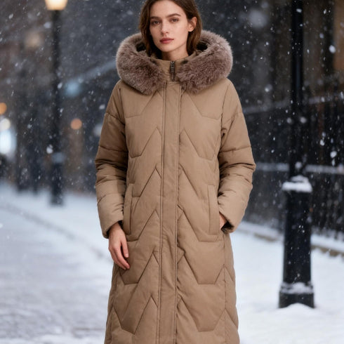 Damen Daunenjacke lang mit Fellkragen & Kapuze