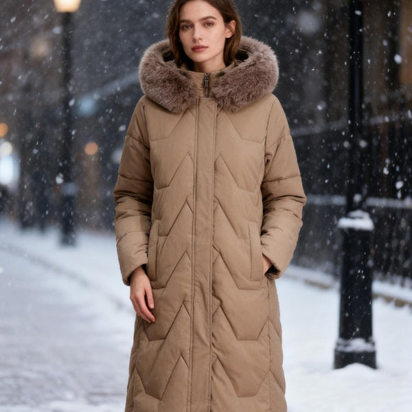 Damen Daunenjacke lang mit Fellkragen & Kapuze