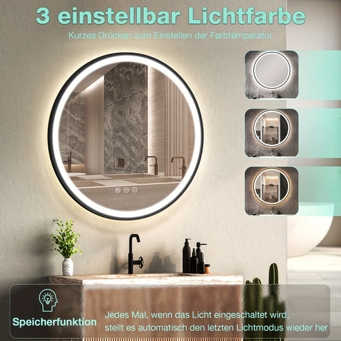 Aurelio | Runder LED Badspiegel Schwarz Gold 60 cm