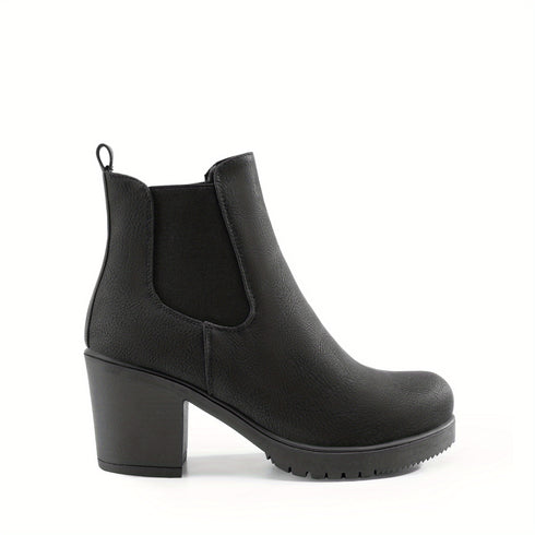 Damen-Slip-On-Stiefeletten mit klobigem Absatz | Elegante PU-Winterstiefel