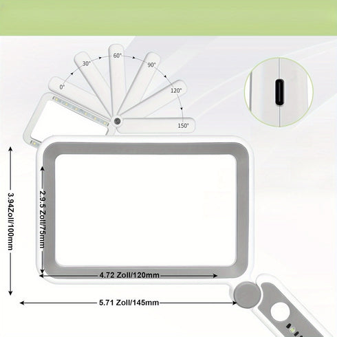 Handlupe 4× quadratisch | Batteriefrei mit 3 Beleuchtungsstufen