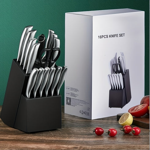 Küchenmesser-Set 16 Stück | Edelstahl Holzblock & Messerschärfer | schwarze Griffe
