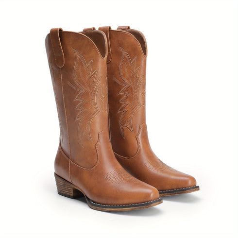 DAMEN WESTERN STIEFEL MIT BLOCKABSATZ – SLIP-ON MID-CALF BOOTS MODISCHE DAMENSTIEFEL