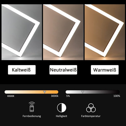GlowDeck LED Deckenlampe Dimmbar 48W – Moderne quadratische Deckenleuchte mit Fernbedienung für Wohnzimmer, Schlafzimmer, Küche und Esszimmer – Metall Schwarz/Weiß