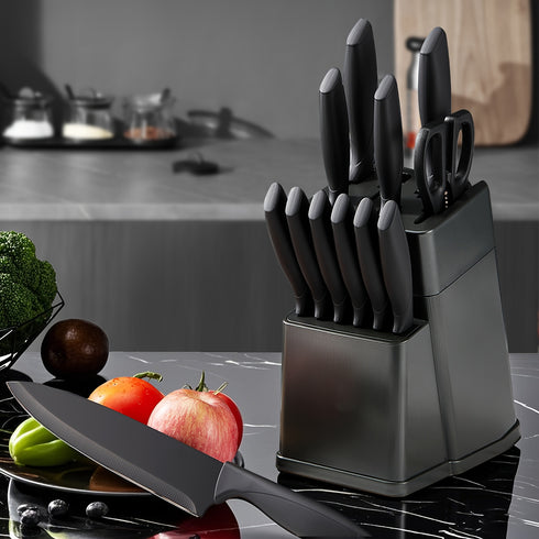 Messerblock-Set 13 Stück | BO-Oxidation Edelstahl | Selbstschärfer & Anti-Slip Griffe