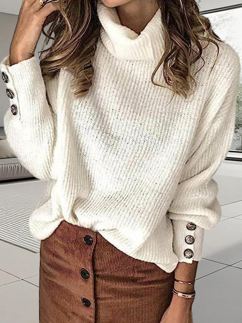 DAMEN ROLLKRAGENPULLOVER – LANGARM LOCKERE PASSFORM MIT METALLKNÖPFEN