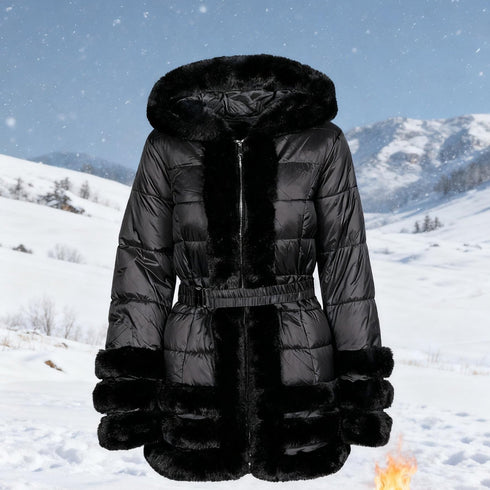 Schwarzer Plüsch | Wintermantel mit Kapuze & Gürtel