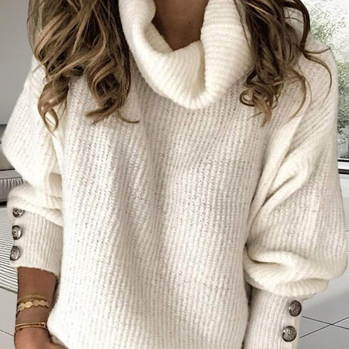 DAMEN ROLLKRAGENPULLOVER – LANGARM LOCKERE PASSFORM MIT METALLKNÖPFEN