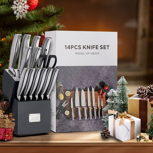 14-teiliges Profi Küchenmesser-Set aus Edelstahl mit Messerblock & Schärfer – Takoni