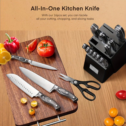 Shiraki Allzweck Küchenmesser Set 16-teilig | Holzgriff & Block
