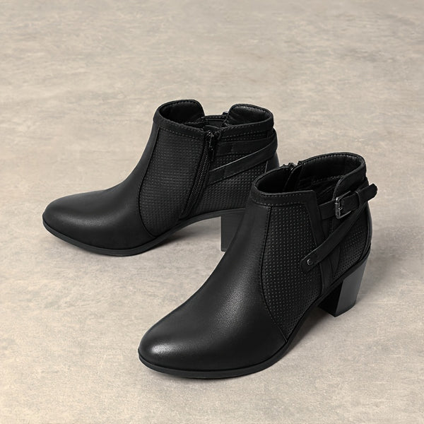 SCHLICHTE DAMEN-STIEFELETTEN MIT SPITZER ZEHENPARTIE UND BLOCKABSATZ