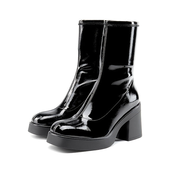 STILVOLLE DAMEN PLATEAU-STIEFELETTEN IN SCHWARZ - BEQUEMER BLOCKABSATZ MIT PROFILSOHLE