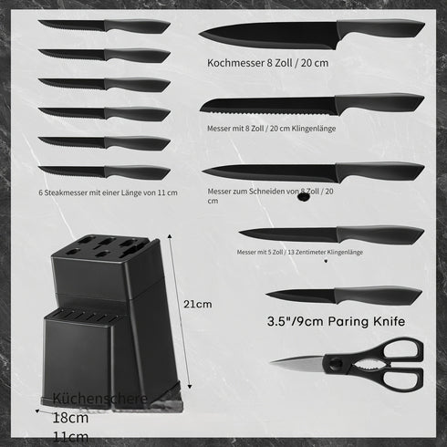 Messerblock-Set 13 Stück | BO-Oxidation Edelstahl | Selbstschärfer & Anti-Slip Griffe