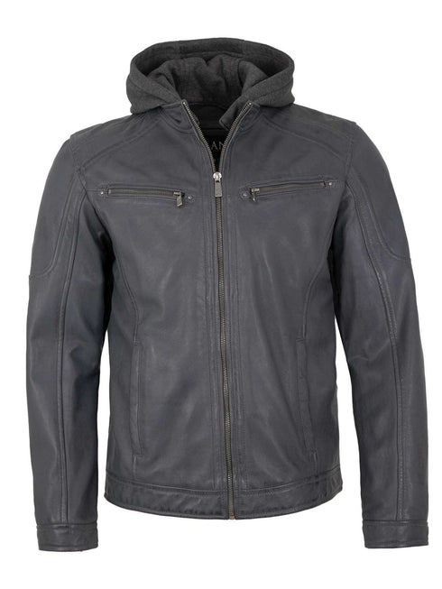 Rhegor Herren Lammlederjacke mit Kapuze – grau warm & stilvoll