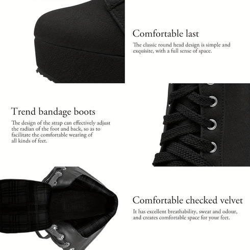 STILVOLLE DAMEN SCHWARZE PLATEAU-MITTELKNIE-STIEFEL MIT SCHNALLENRIEMEN & NIETEN