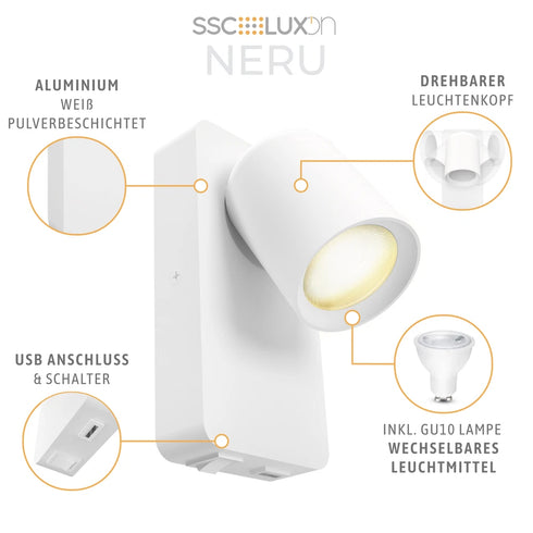 Iben LED Leselampe Wandlicht GU10 mit USB und Schalter | Shiraki