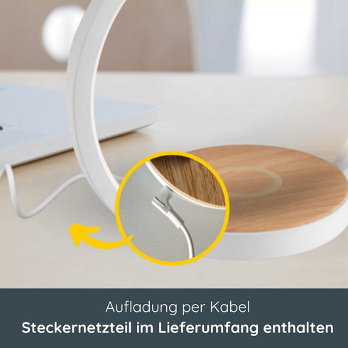 Calantha LED Tischleuchte mit QI-Ladefläche weiß holzfarben | Shiraki