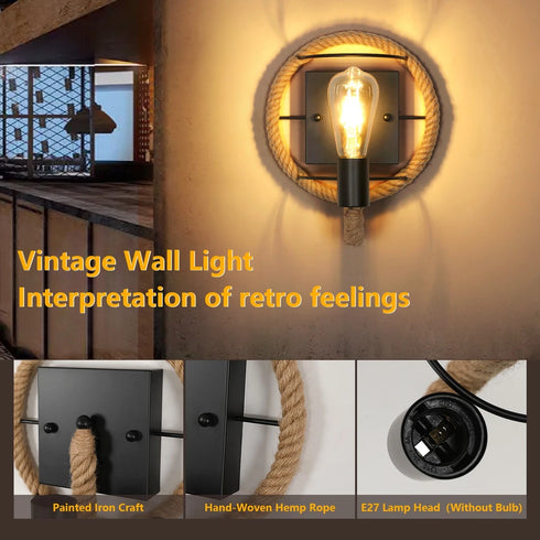Elina Retro Hanfseil Wandleuchte 26 cm E27 Schwarz | Shiraki