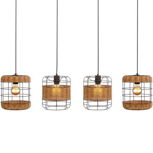 Elin Pendelleuchte 4-flammig Holz Rattan Schwarz | Shiraki