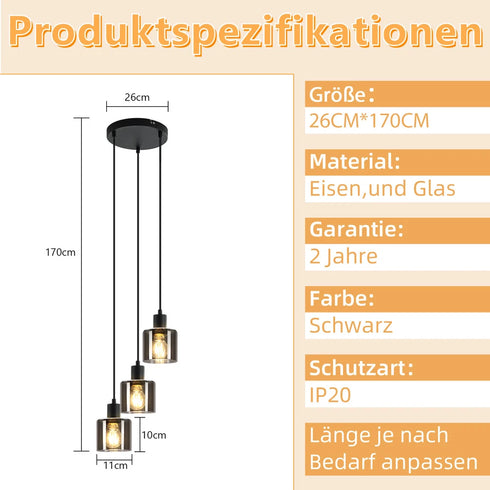 Elin LED Pendelleuchte 3-flammig Schwarz Glas Hängelampe