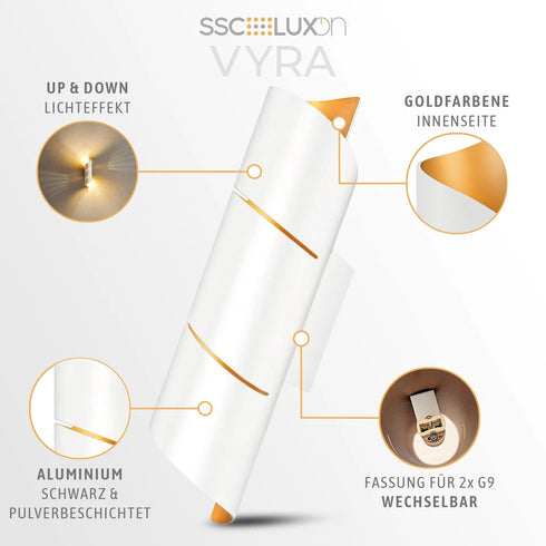 Toril LED-Wandlampen-Set mit 2 Auf- und Ab-G9-Aluminiumleuchten | Shiraki