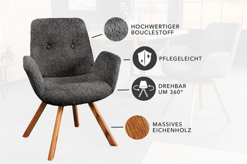 OLAF Drehbarer Designstuhl Bouclé mit Armlehnen
