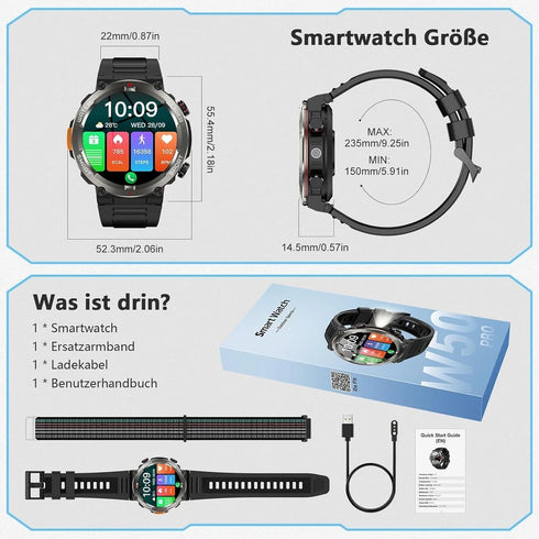 VitaMove Smartwatch Herren Bluetooth Telefonfunktion Fitnessuhr mit Taschenlampe
