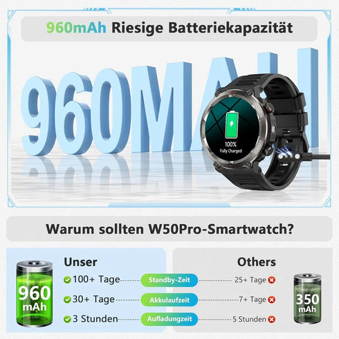 VitaMove Smartwatch Herren Bluetooth Telefonfunktion Fitnessuhr mit Taschenlampe
