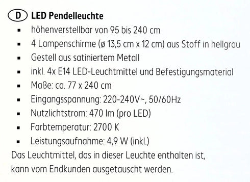 Pendelleuchte Freja | Höhenverstellbare LED Hängeleuchte 4-flammig