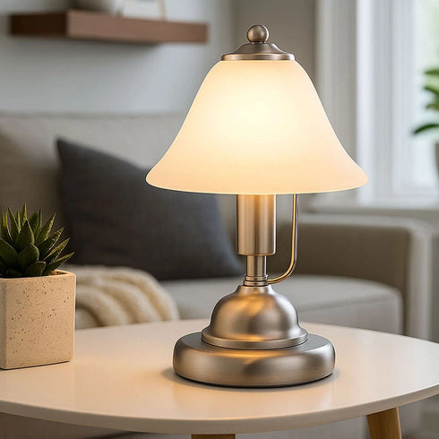 Sigrid Tischlampe E14 Alabasterglas Nickel | Shiraki