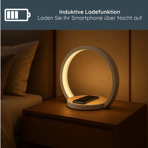 Calantha LED Tischleuchte mit QI-Ladefläche weiß holzfarben | Shiraki