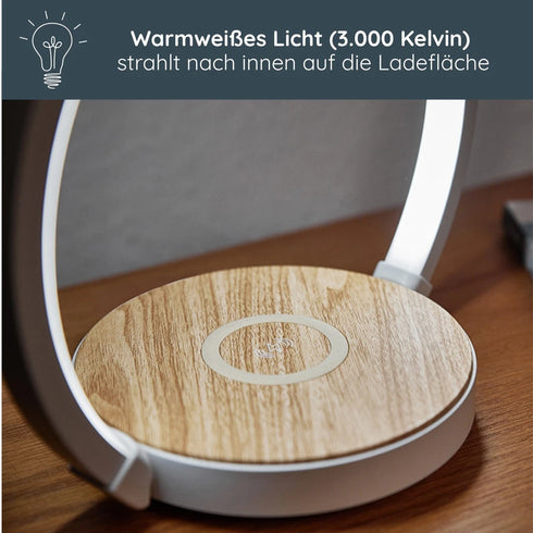 Calantha LED Tischleuchte mit QI-Ladefläche weiß holzfarben | Shiraki