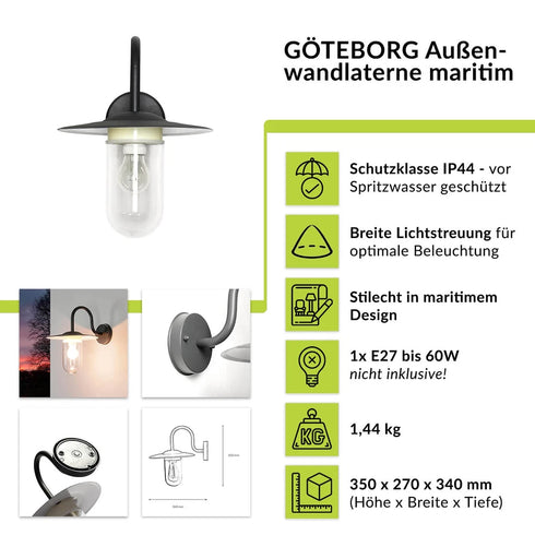 Katri Außen Wandlampe E27 IP44 Anthrazit Glas Metall | Shiraki
