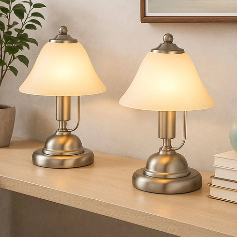 Sigrid Tischlampe E14 Alabasterglas Nickel | Shiraki