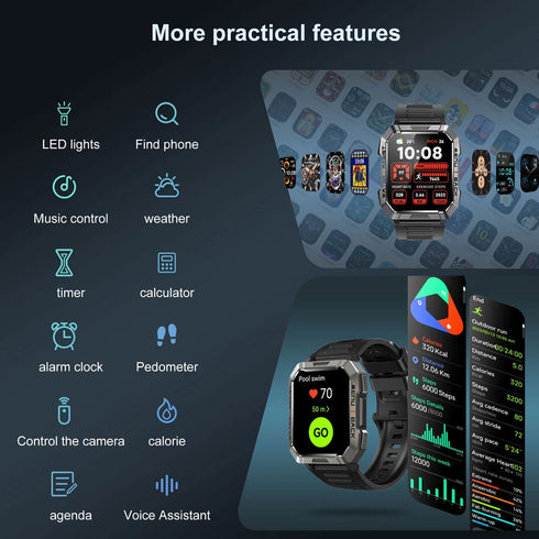 LifePulse Smartwatch Herren Militär mit Telefonfunktion Blutdruckmessung