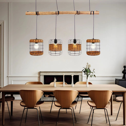 Elin Pendelleuchte 4-flammig Holz Rattan Schwarz | Shiraki