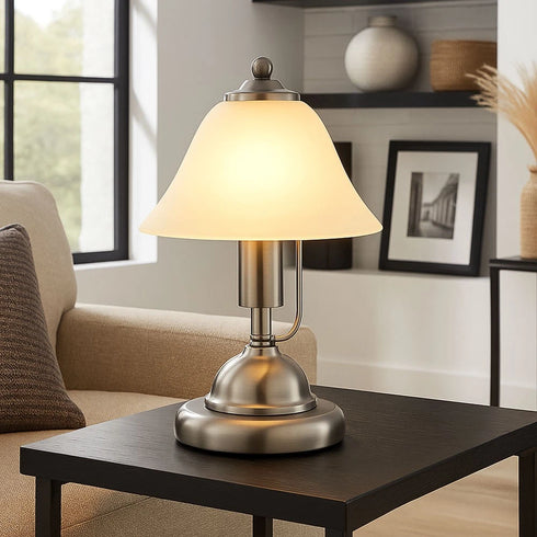 Sigrid Tischlampe E14 Alabasterglas Nickel | Shiraki