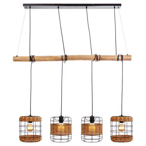 Elin Pendelleuchte 4-flammig Holz Rattan Schwarz | Shiraki