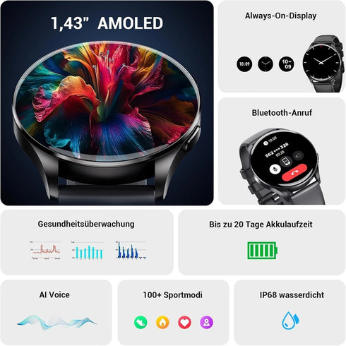 CoreActive Herren Smartwatch mit Bluetooth-Telefonfunktion Herzfrequenz Fitnessuhr