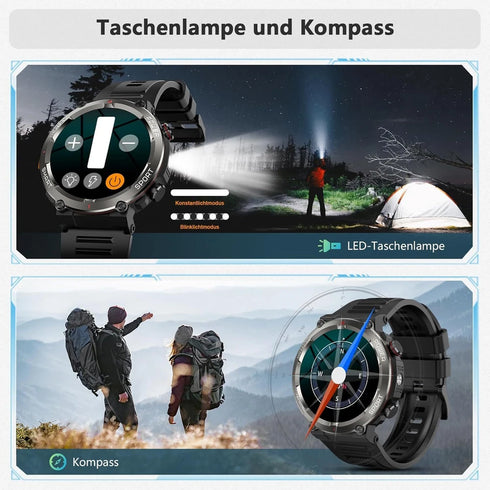 VitaMove Smartwatch Herren Bluetooth Telefonfunktion Fitnessuhr mit Taschenlampe