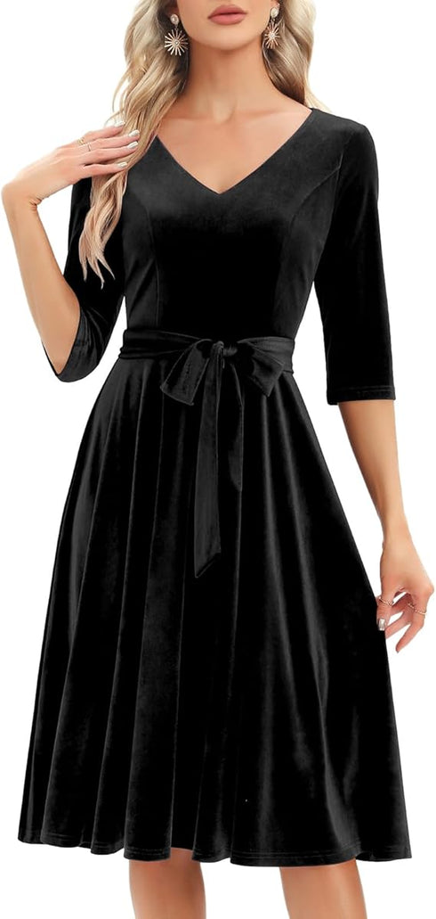 Mikasi Vintage Rockabilly Midi Kleid mit 3/4 Ärmeln und V-Ausschnitt für Hochzeiten und Cocktailpartys